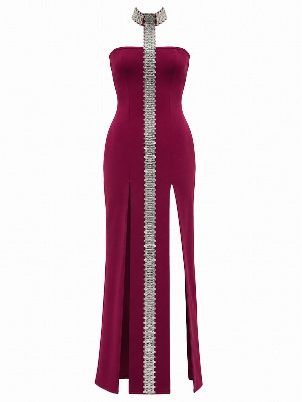 【新品DRESS 2012】スクエアビジューラインデザインチョーカー風ホルターネックタイトロングドレス パープル